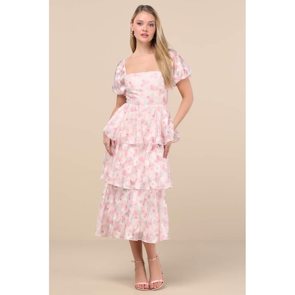 FLAW Lulus Serah Blush Floral Organza Tiered Midi Dress Puff Sleeve Pink SM